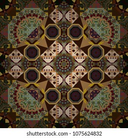 Creative, luxury style. Random geometric shapes seamless pattern in brown, green and beige colors. Geometrical simple vector art. Print card, cloth, shirts, dress, wrapper, cover.