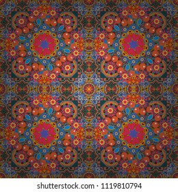 Creative, luxury style. Random geometric shapes seamless pattern in brown, blue and orange colors. Geometrical simple vector art. Print card, cloth, shirts, dress, wrapper, cover.