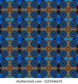 Creative, luxury style. Random geometric shapes seamless pattern in orange, white and blue colors. Print card, cloth, shirts, dress, wrapper, cover. Geometrical simple vector art.