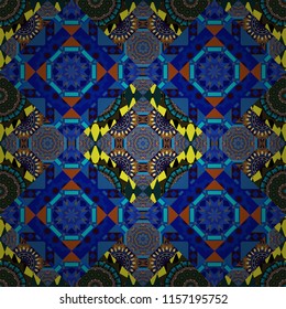 Creative, luxury style. Random geometric shapes seamless pattern in brown, blue and black colors. Print card, cloth, shirts, dress, wrapper, cover. Geometrical simple vector art.