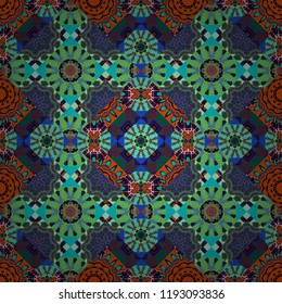 Creative, luxury style. Random geometric shapes seamless pattern in blue, green and brown colors. Geometrical simple vector art. Print card, cloth, shirts, dress, wrapper, cover.
