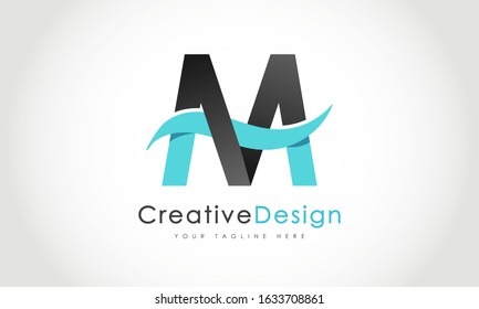 Creative M Letter Logo Design with Water Splash Ocean Blue Wave Vector Icon Symbol Illustration.