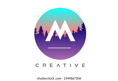 Creative M Letter Logo Design with Pine Forest Vector Shapes and Pastel Circular shape Color Illustration