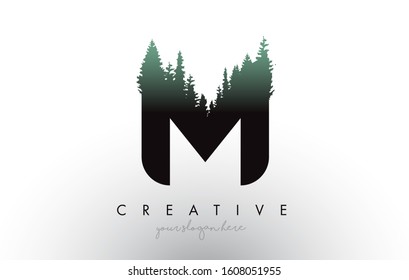 Creative M Letter Logo Idea With Pine Forest Trees. Letter M Design With Pine Tree on TopVector Illustration.