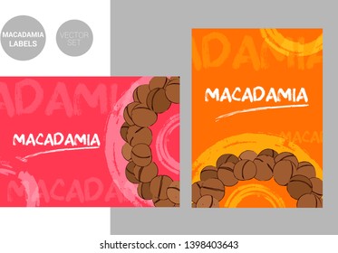 Creative macadamia nuts labels in red and orange colors with hand drawn typography and brush stroke elements. Semicircle of nuts on colorful background. Nut Badges ready for web and print.