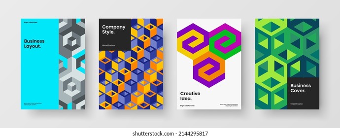 Creative magazine cover A4 design vector template bundle. Vivid mosaic hexagons pamphlet concept set.
