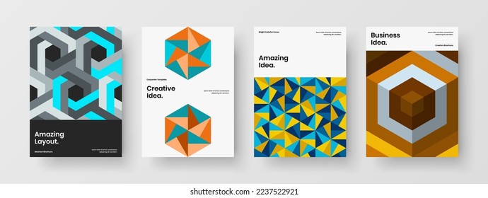 Creative magazine cover A4 vector design concept set. Vivid mosaic shapes placard illustration bundle.