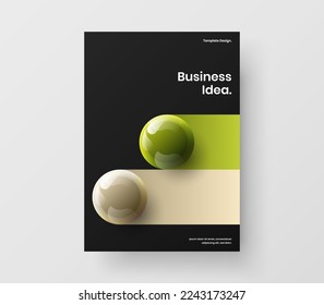 Creative magazine cover A4 vector design concept. Bright realistic balls booklet template.