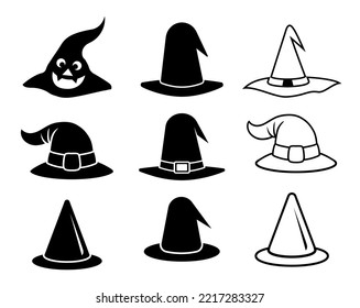 Creative Magic Hat Vector Halloween Style Clip Art. Halloween Magic Hat Black Vector Collection, Hand drew Vector Illustration.
 Simple Black Color And White Background. 