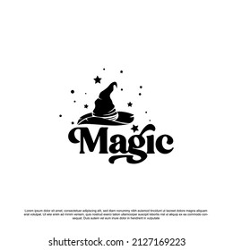 Creative magic lettering logo with witch hat vector illustration