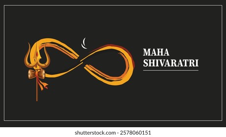 A creative Maha Shivaratri design featuring Lord Shiva’s Trishul, Damru, and an infinity symbol painted in divine strokes, symbolizing Shiva’s eternal energy. The crescent moon 