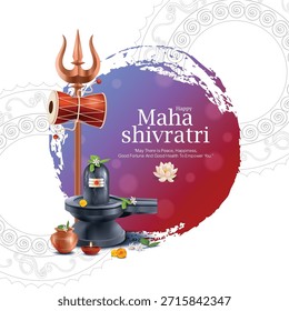 Ilustración vectorial creativa de Maha Shivratri con Shiva lingam, trishul y damru colocada sobre un moderno círculo de pinceladas. Ideal para carteles, volantes, saludos digitales, invitaciones y promociones de festivales.