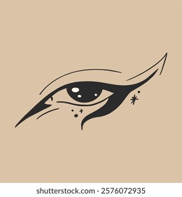 Creative makeup. Beautiful female eyes with fancy arrows. Cartoon eyes. Hand drawn illustration. Logo template, beauty and fashion. Modern makeup.