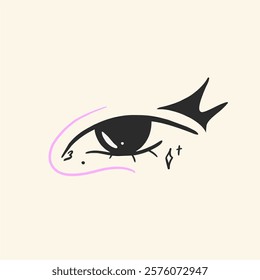 Creative makeup. Beautiful female eyes with fancy arrows. Cartoon eyes. Hand drawn illustration. Logo template, beauty and fashion. Modern makeup.