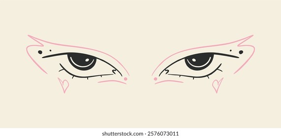 Creative makeup. Beautiful female eyes with fancy arrows. Cartoon eyes. Hand drawn illustration. Logo template, beauty and fashion. Modern makeup.