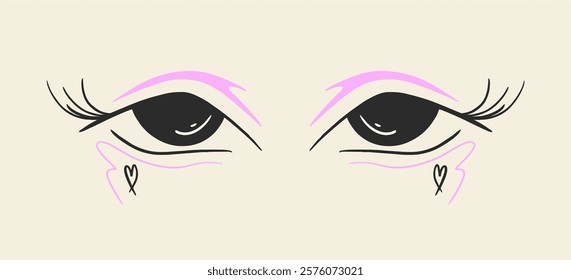 Creative makeup. Beautiful female eyes with fancy arrows. Cartoon eyes. Hand drawn illustration. Logo template, beauty and fashion. Modern makeup.