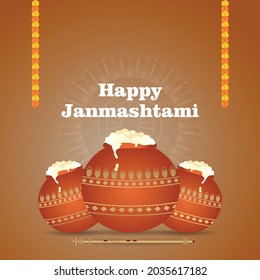 Creative makhan mud pot for happy janmashtami celebration card