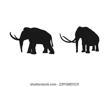 Ilustración de un mamut de silueta creativa. Siluetas de mamut lúgubre. Silueta negra vectorial de mamut lobo prehistórico con colmillos. ilustración de silueta vectorial aislada en fondo blanco.