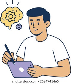 Creative Man With Digital Tablet and Cogwheel Brain, Vector Illustration.