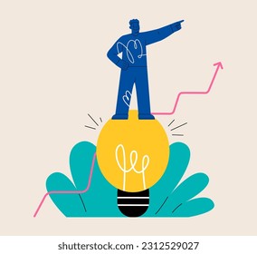 Creative man finding solution, answer at work with light bulb. Business idea concept. Colorful vector illustration
