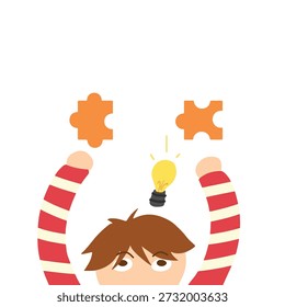 Creative Man Finding Solution with Puzzle Pieces and Light Bulb Idea. Problem Solving and Innovation Concept. Smart Character Connecting Jigsaw Parts for Business Success.