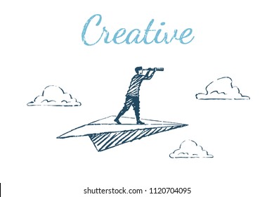 Creative. A Man Flies On A Paper Plane And Looks In A Telescope. Vector Business Concept Illustration, Hand Drawn Sketch.