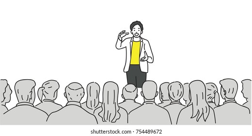 Creative man giving a talk on stage to audience in the conference hall. Outline, thin line art, linear, doodle, cartoon, hand drawn sketch design.