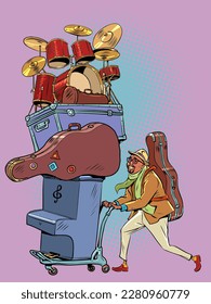 A creative man goes on a journey taking with him a lot of musical instruments. A worker in the music industry is preparing for a tour.