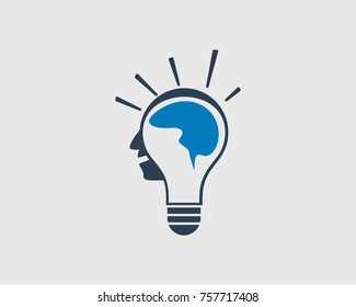 Creative Man Icon.
Human face in Bulb head with human Brain.