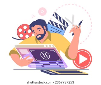 Creative man motion designer working on video content vector illustration. Male artist or storyteller character trendy profession of animation studio production platform