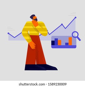 Creative man SEO Search Engine Optimization analyzing graphic diagram isolated at white background. Modern male IT marketologist looking on data chart flat vector illustration big limbs style