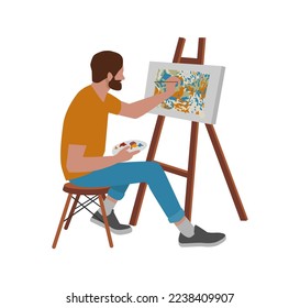 Creative man sits and draws a picture.
An easel with a canvas and a tablet for paint
Flat vector graphics on isolated white background