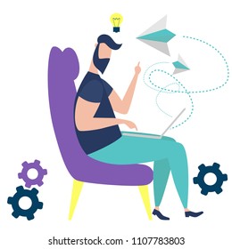 Creative man sitting in chair with laptop, thinking about work, design projects, generate idea. Modern young boy sitting with laptop like freelancer or distance learning by online courses. 