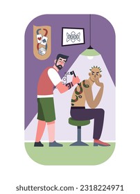 Creative man sitting on chair in salon, tattoo artist working with needle machine, drawing tattoo on back. Drawing human body and tattooing process. Vector flat illustration