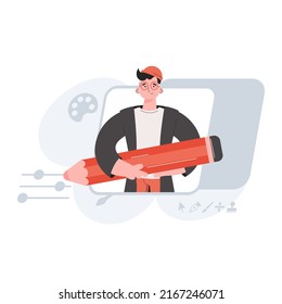 A creative man stands waist-deep holding a large pencil. Design. Element for presentations, sites. Vector illustration
