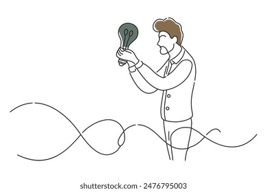 creative man who expands his ideas, doodle continuous line art vector illustration