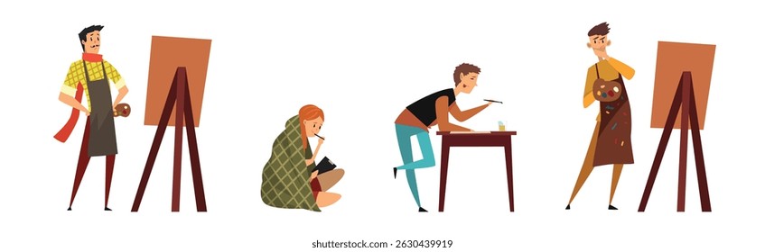 Creative Man and Woman Painter and Artist Drawing Vector Set