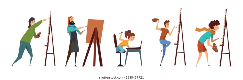 Creative Man and Woman Painter and Artist Drawing Vector Set