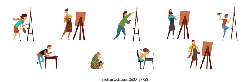 Creative Man and Woman Painter and Artist Drawing Vector Set