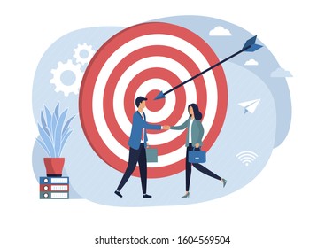Creative man and woman shake hands. The concept of achieving the company's goal, partnership, long-term planning and management strategy, teamwork. Vector flat illustration on a white background.