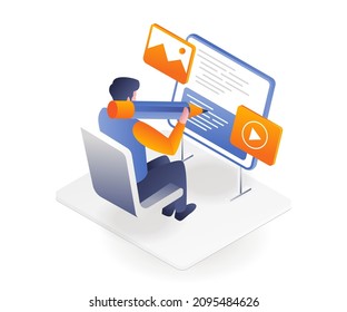 Creative man writing blog and web articles in isometric illustration