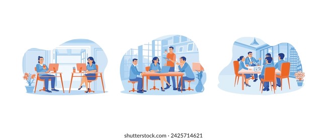 The creative manager has two partners in the office. Business team meeting in office. Discuss work. Team of people sitting at desk with laptops Set Flat vector illustration.