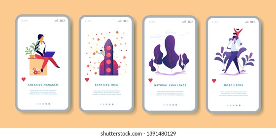 Creative Manager, Starting Idea, Natural Challenge, More Users Mobile App Page Onboard Screen Set for Website. Start Up, Nature, Family, Employee. Cartoon Flat Vector Illustration, Vertical Banner