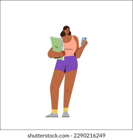Carácter mujer gerente creativo usando teléfono móvil para comunicarse trabajando en línea