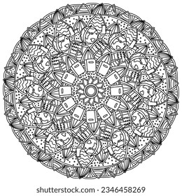 Creative mandala about education, meditative coloring page with ornate patterns and objects on school theme vector illustration