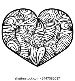 Creative mandala heart with abstract patterns, meditative coloring page for Valentine's Day vector illustration