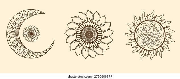 Criativa mandala lua, flor, mão do sol desenho arte.