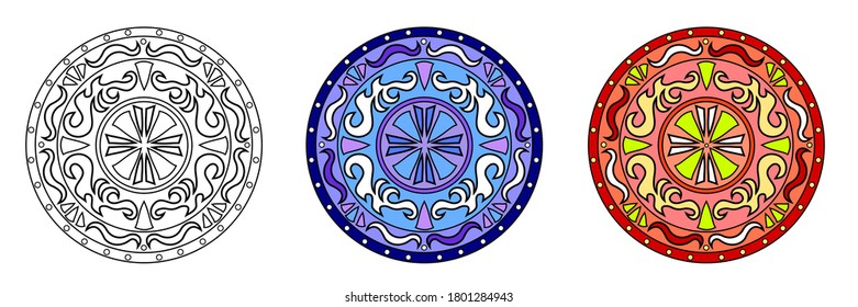 Mandalas creativas en colores rojo y azul y página de color antiestrés