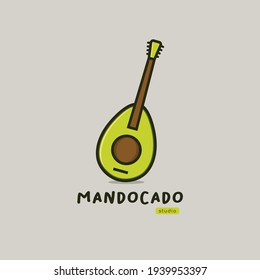 Creative mandolin logo design. Green musical instrument in avocado shape. Avocado creative design. Vegan logo design. Combination of avocado and mandolin - flat illustration