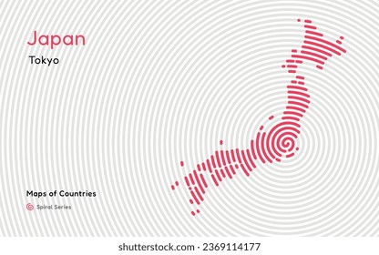 Creative map of japan. Political map. Tokyo. Capital. World Countries vector maps series. Spiral fingerprint series black